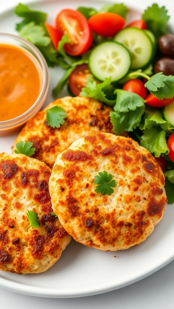Baked tuna patties on a plate with dipping sauce and salad.